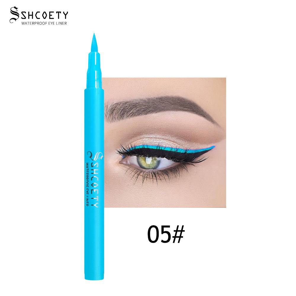Eyeliner Pen Waterproof in vivid turquoise with a slim felt tip, shown beside a matching bright blue winged eye line.