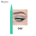 Eyeliner Pen Waterproof in a bright turquoise matte barrel with a fine tip, shown with a matching vivid green eye line.