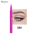 Eyeliner Pen Waterproof in vivid pink with a slim felt tip, shown beside an eye wearing a bright pink cat-eye line