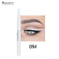 Eyeliner Pen Waterproof in a white slim pen with a pointed tip, shown creating a bold white winged line on an eye