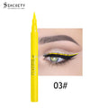 Eyeliner Pen Waterproof in bright yellow with a fine pointed tip, shown beside a matching vivid yellow winged eye look