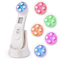 Facial Beauty Device with a glossy white plastic body, charging stand, display, and rounded multicolour LED treatment head
