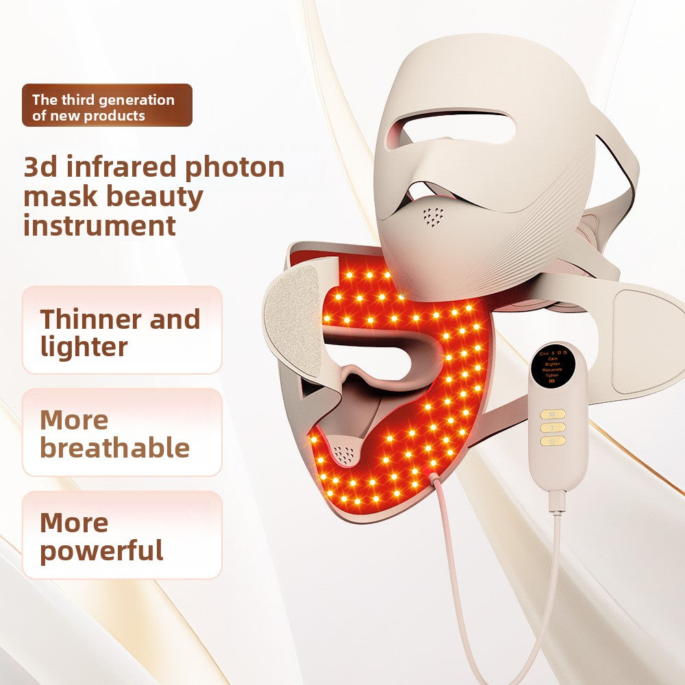 Facial Beauty Mask LED in beige, with a textured flexible face shell, eye and mouth openings, and illuminated red light panel