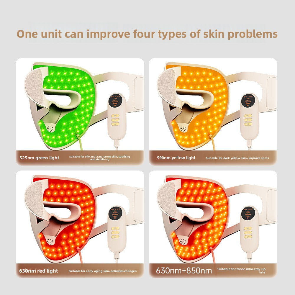 Facial Beauty Mask LED in beige, with a textured flexible face shell, eye and mouth openings, and illuminated red light panel