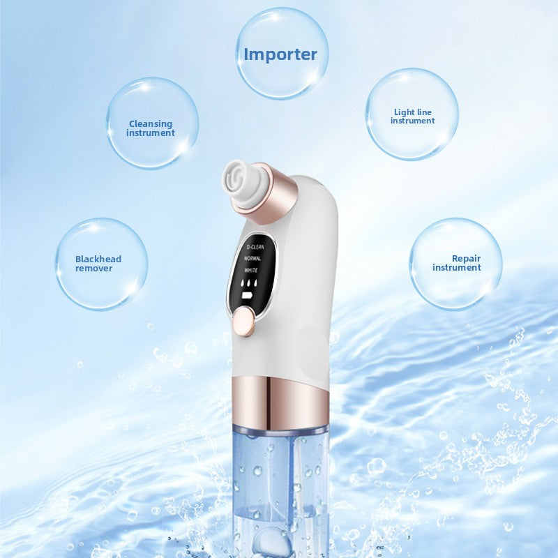Facial Pore Cleanser with a white ABS body, rose-gold trim, black control panel, and clear blue water chamber.