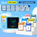 Activity Book with a blue LCD writing tablet, colorful multilingual word cards and a glowing outline drawing of a dog on screen.