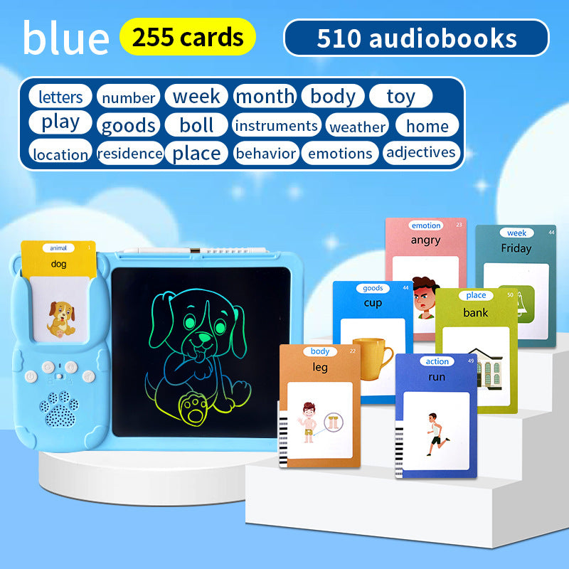 Activity Book with a blue LCD writing tablet, colorful multilingual word cards and a glowing outline drawing of a dog on screen.