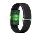 Fitness Monitor with a black woven fabric band and compact glossy rectangular sensor module with glowing green lights