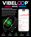 Fitness Monitor with a black woven wrist strap, glossy sensor module, green indicator lights and heart rate tracking display