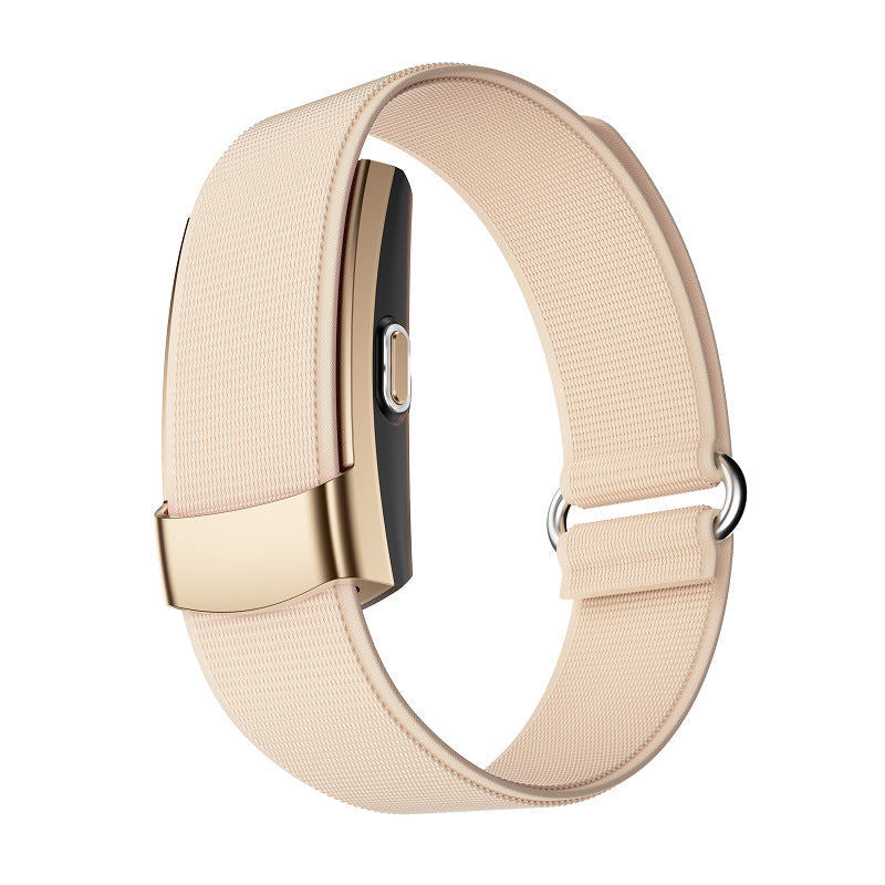 Fitness Monitor with a pale peach woven strap, gold-tone clasp and slim black sensor module in a loop design