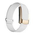Fitness Monitor with a white textured woven band and a polished gold-tone rectangular clasp, featuring a compact black display