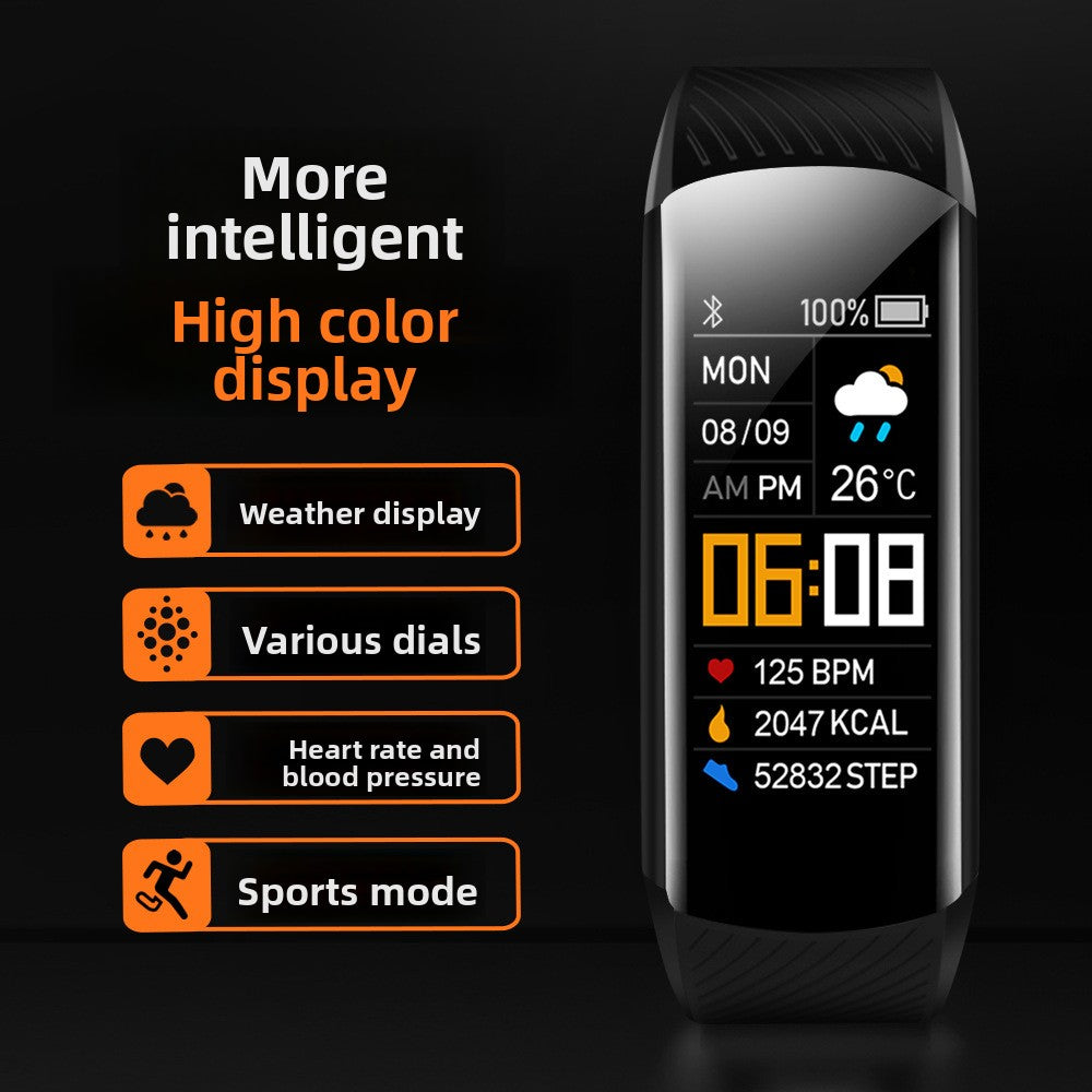 Fitness Tracker Smart Bracelet with a black silicone band, glossy rectangular color screen and digital activity display.