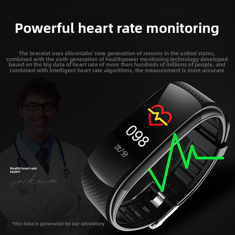 Fitness Tracker Smart Bracelet in black silicone with a curved color display showing a heart icon, pulse graph and reading