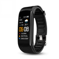 Fitness Tracker Smart Bracelet with a black silicone band, curved color screen, digital clock, heart rate and step displays