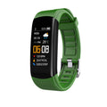 Fitness Tracker Smart Bracelet with a green silicone band, black plastic case, color display, and buckle clasp