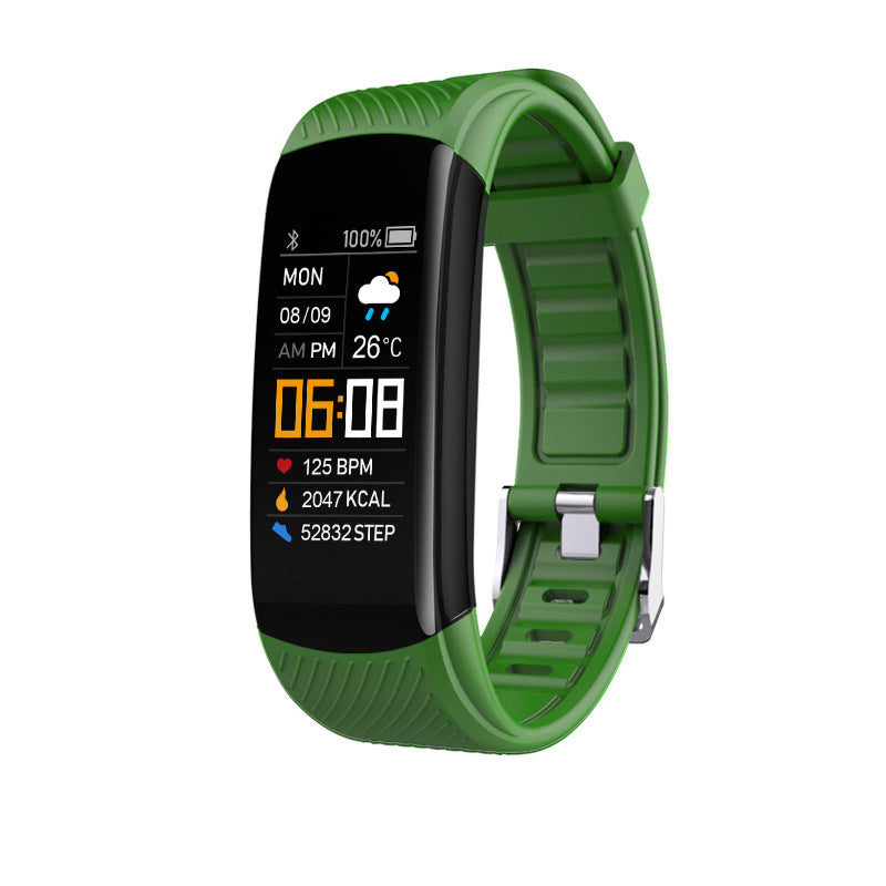 Fitness Tracker Smart Bracelet with a green silicone band, black plastic case, color display, and buckle clasp