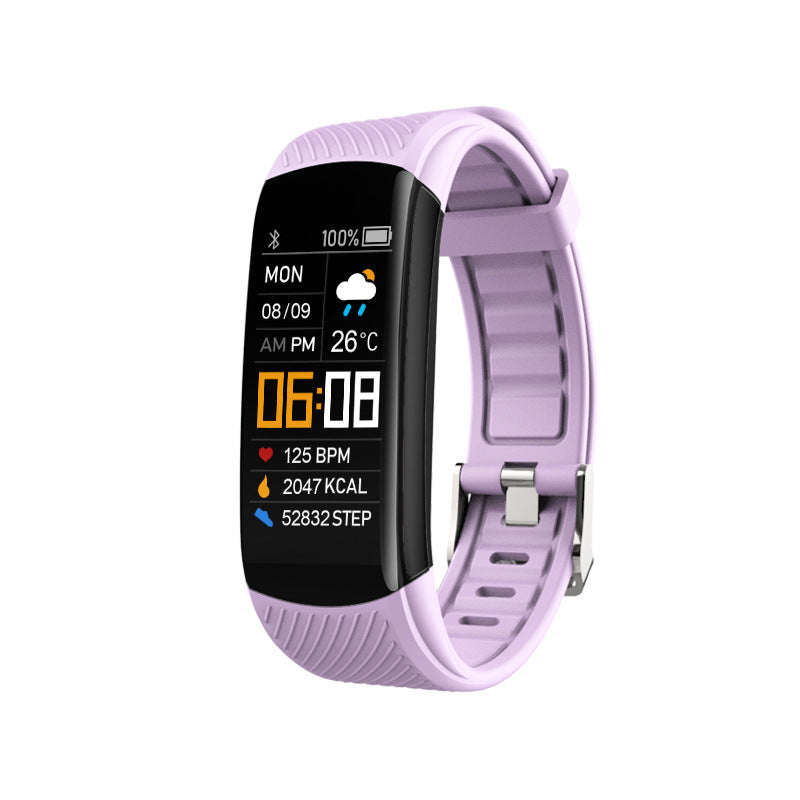 Fitness Tracker Smart Bracelet in lavender silicone with a black color screen, ribbed strap and silver buckle