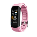 Fitness Tracker Smart Bracelet with a pink silicone band, black color screen, and adjustable buckle clasp.