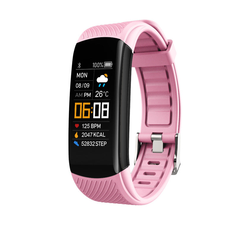 Fitness Tracker Smart Bracelet with a pink silicone strap, black case and colorful screen showing time, weather, steps and heart rate