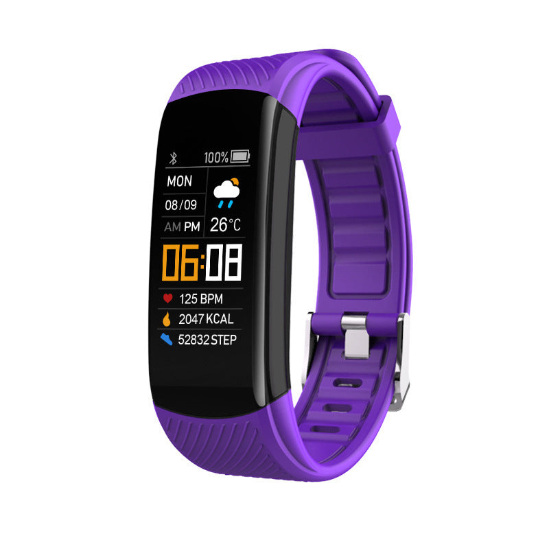 Fitness Tracker Smart Bracelet with a purple silicone strap, black color screen, and silver buckle clasp