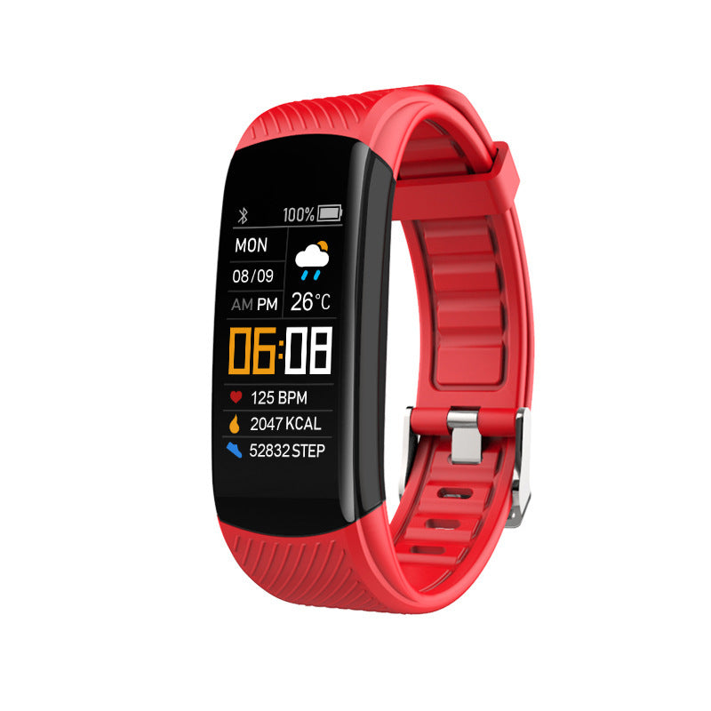 Fitness Tracker Smart Bracelet with a bright red silicone band, black color screen and classic buckle closure