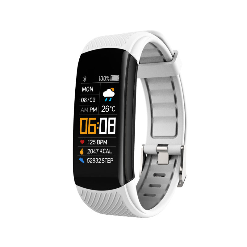 Fitness Tracker Smart Bracelet with a white silicone band, black rectangular color screen, and classic buckle closure