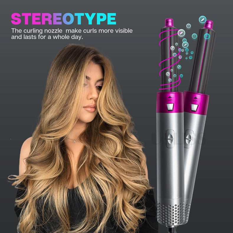 Five-in-One Hot Air Comb styling tool with silver and magenta finish, featuring five interchangeable brush and curling attachments.