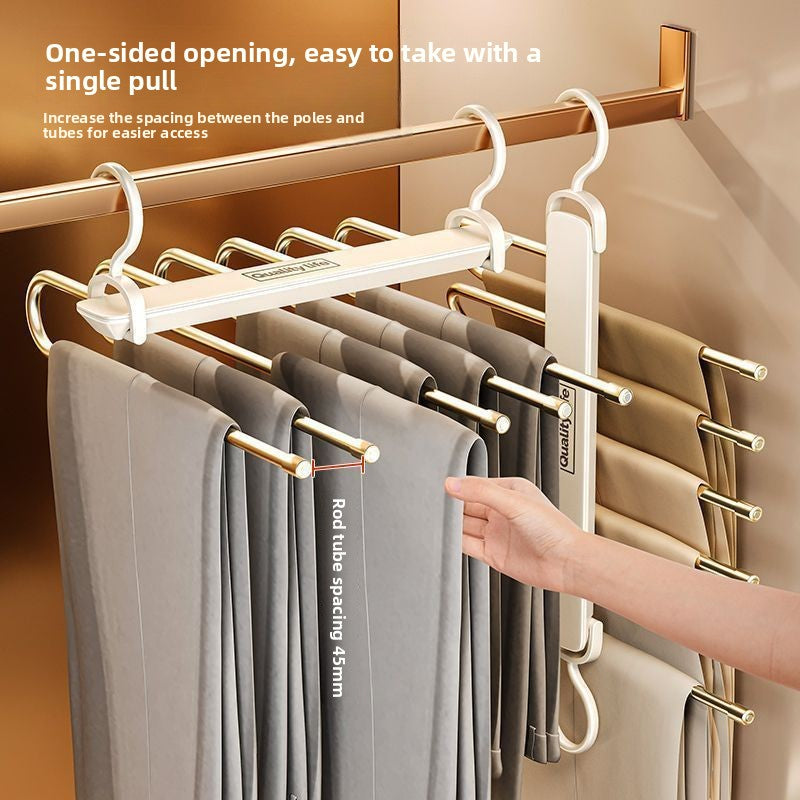 Folding Pants Rack with cream TPE-coated metal arms, tiered non-slip trouser bars, and a foldable design