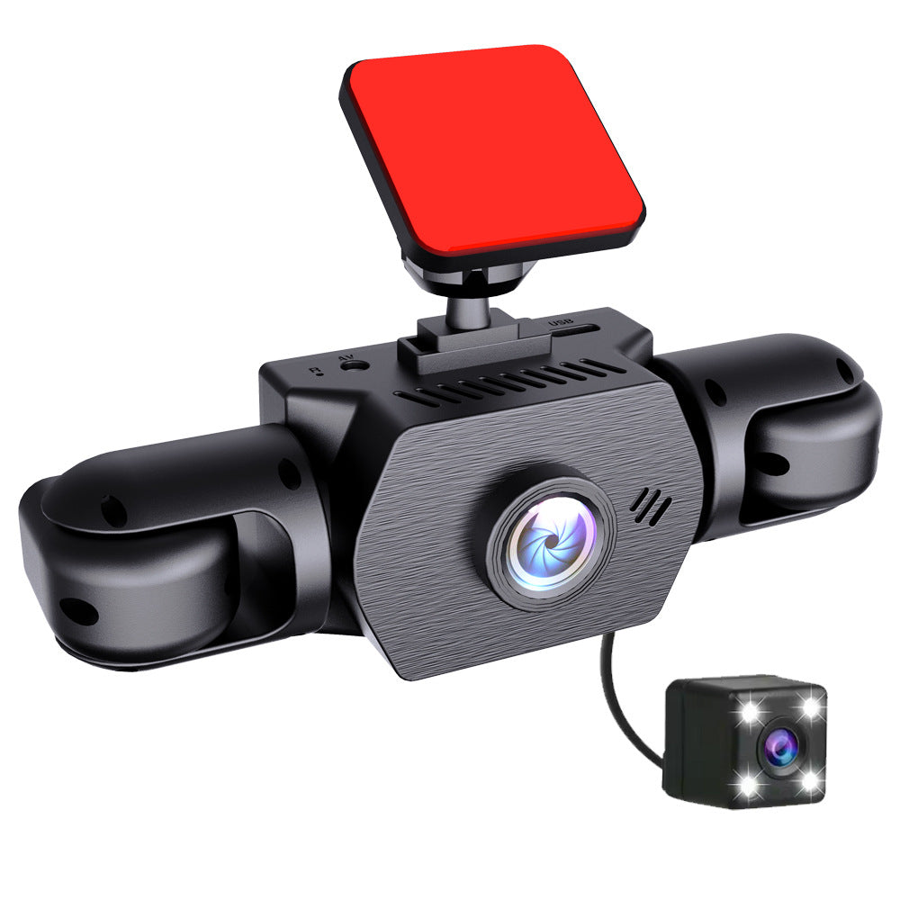 Four-Camera Vehicle Driving Recorder in black plastic, with dual side lenses, a central screen, and a wired rear camera.