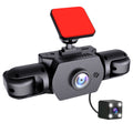 Four-Camera Vehicle Driving Recorder with black textured body, central lens, two side camera pods and red rectangular mount
