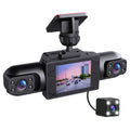 Four-Camera Vehicle Driving Recorder in black with a central screen, dual side camera pods, and a separate wired camera