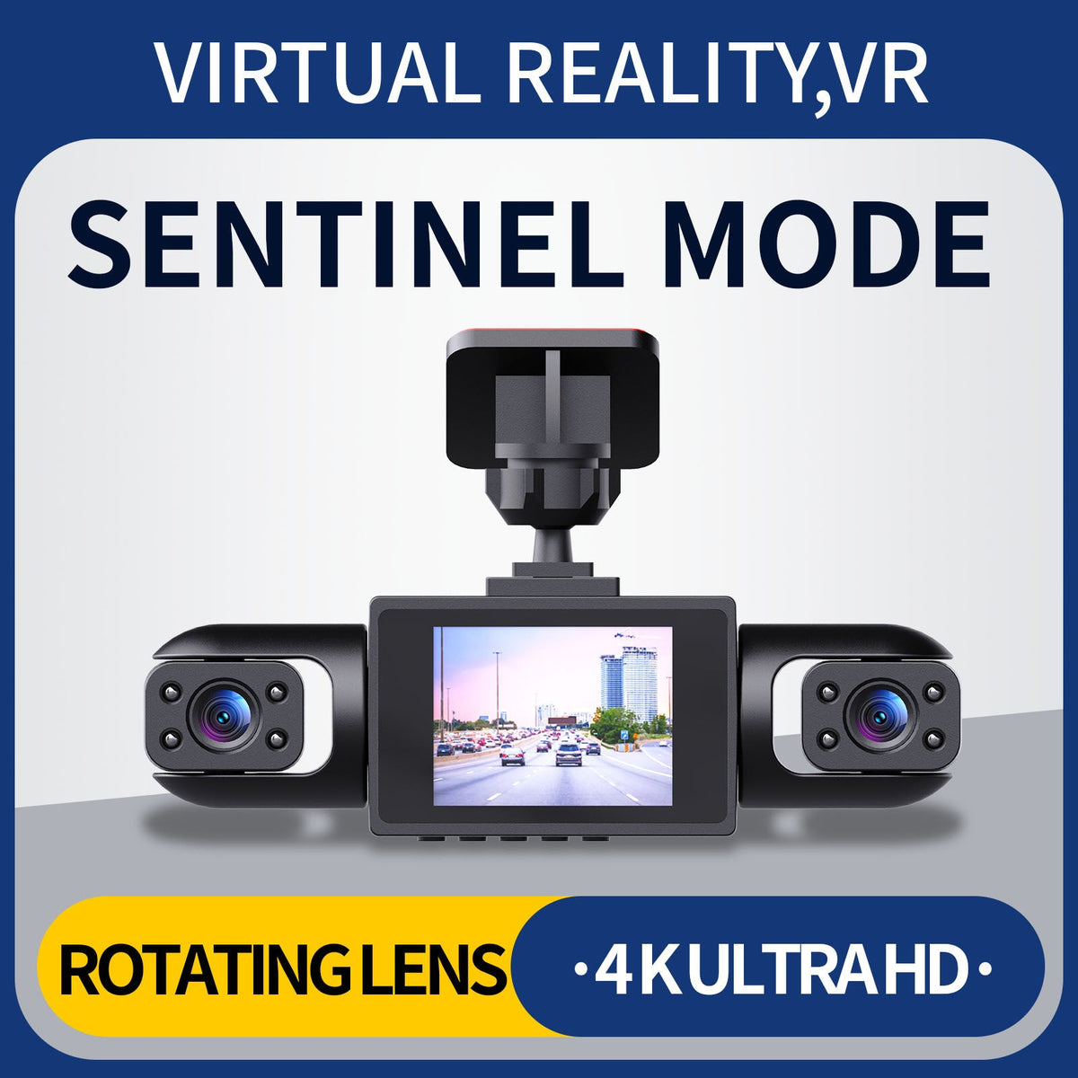 Four-Camera Vehicle Driving Recorder in black with a central screen, dual side lenses, top-mounted camera and rotating lens design.
