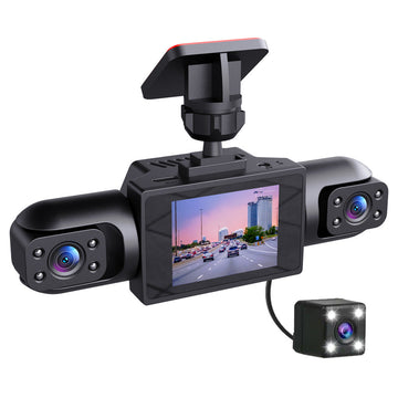 Four-Camera Vehicle Driving Recorder in black plastic, with dual side lenses, a central screen, and a wired rear camera.