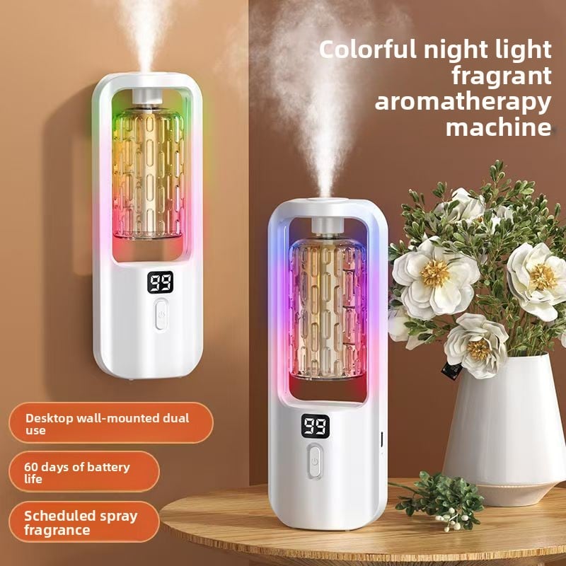 Fresh Air Intelligent Aroma Diffuser, white wall-mounted scent device with clear reservoir and colorful LED lights