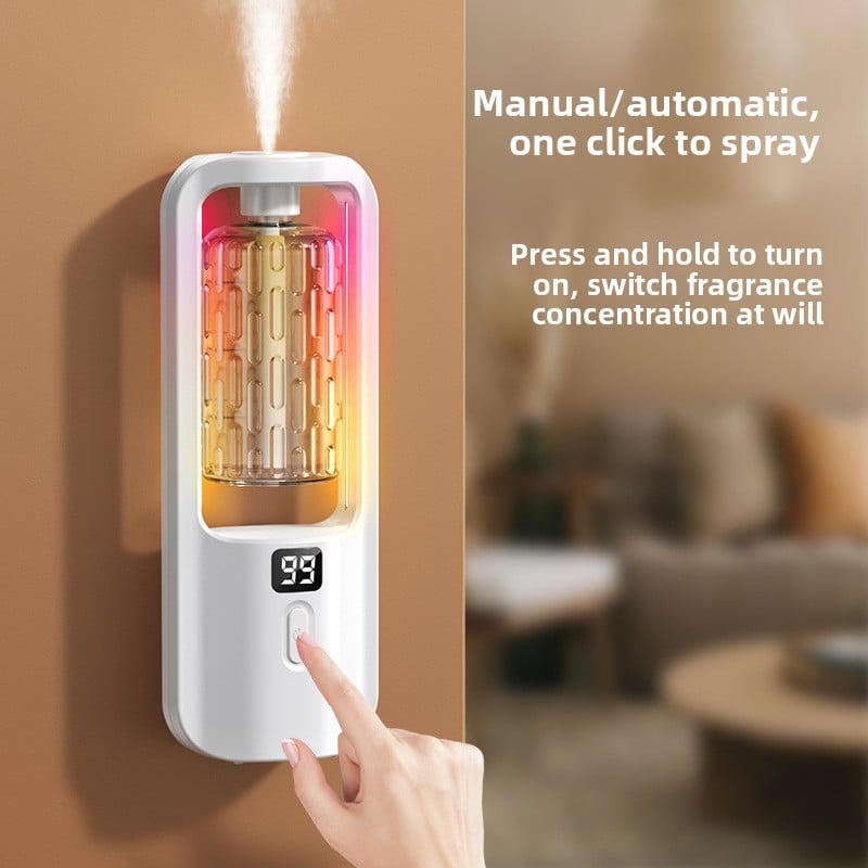 Fresh Air Intelligent Aroma Diffuser, white wall-mounted scent device with clear reservoir and colorful LED lights