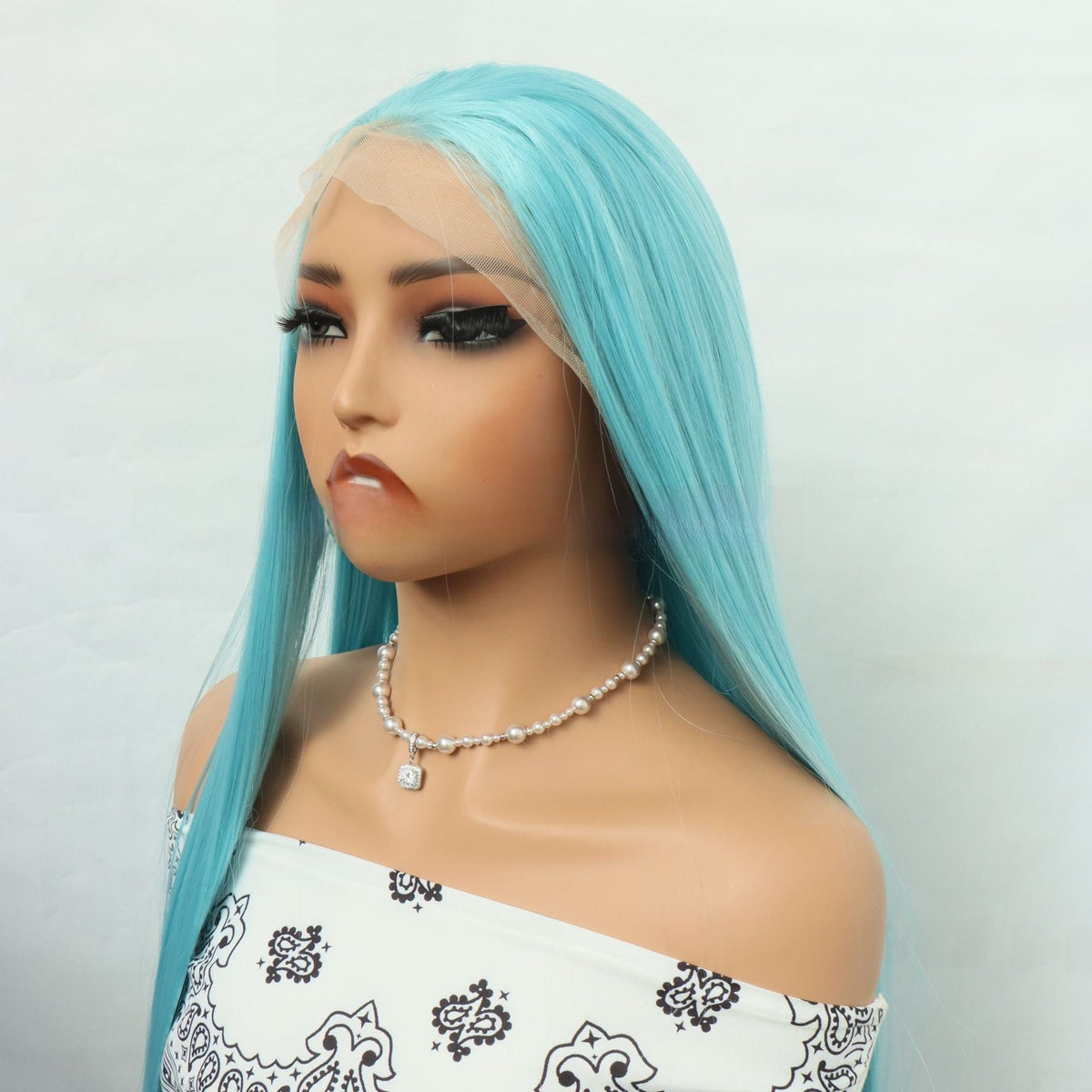 Front Lace Hand Knotted Wig in bright aqua blue synthetic fiber, long straight hair with a natural-looking lace hairline.