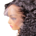 Front Lace Synthetic Curly Wig in black synthetic fiber, with voluminous curls, a natural-looking hairline, and sheer lace front