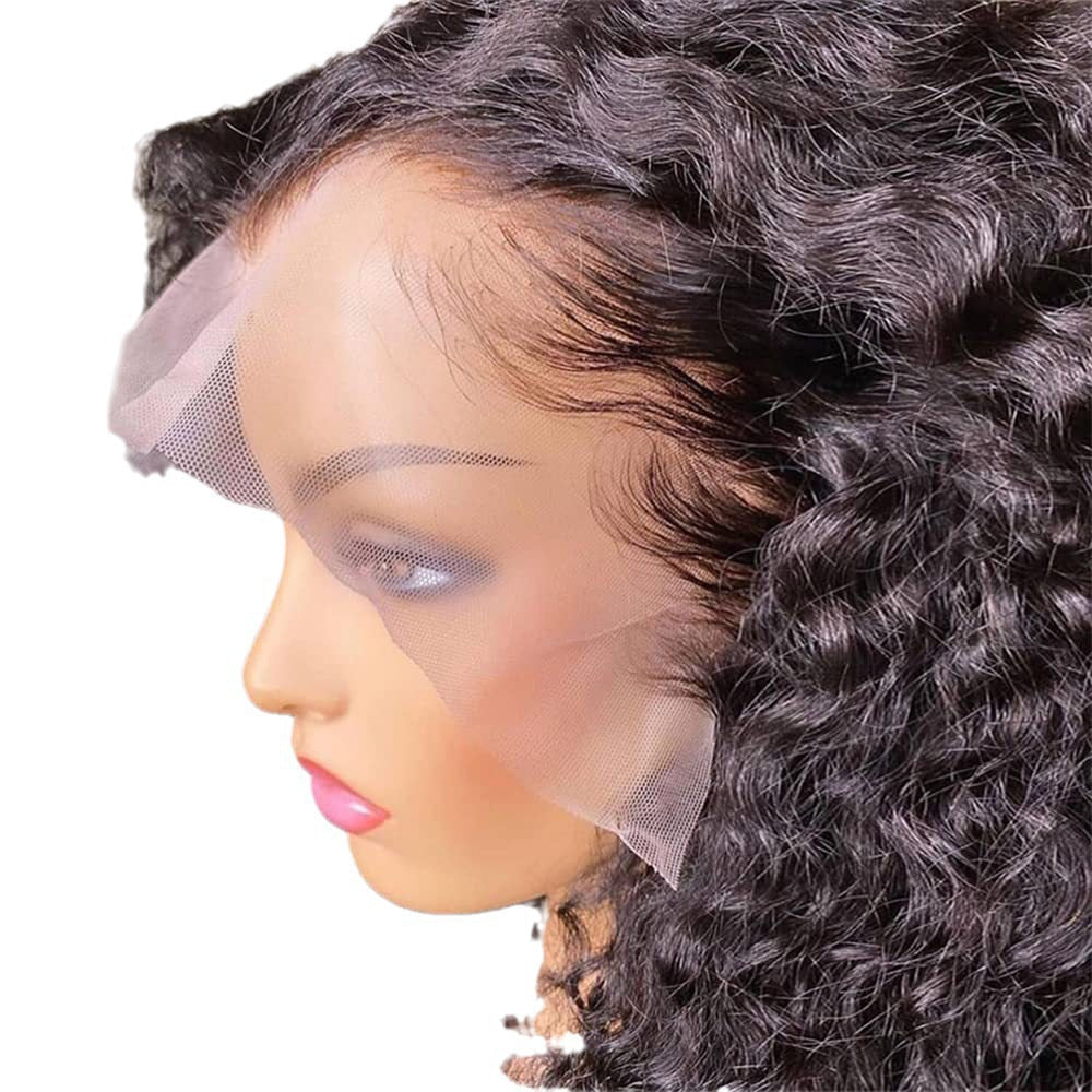 Front Lace Synthetic Curly Wig in black synthetic fiber, with voluminous curls, a natural-looking hairline, and sheer lace front