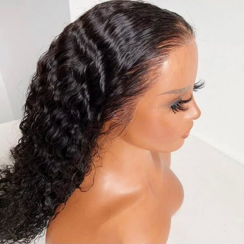 Front Lace Synthetic Curly Wig in glossy black synthetic fibers, with defined curls and a smooth natural-looking hairline