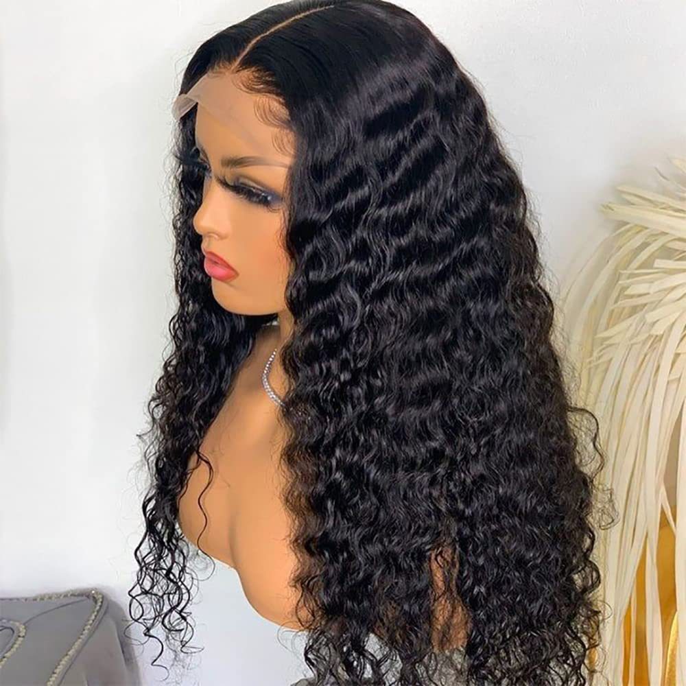 Front Lace Synthetic Curly Wig in black synthetic fiber, with long, voluminous curls and a high ponytail style.