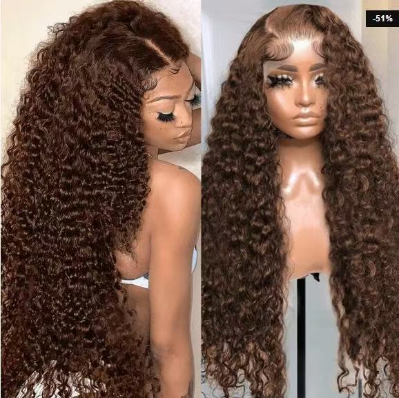 Front Lace Synthetic Curly Wig in dark brown synthetic fiber, with long, dense curls and a defined lace hairline