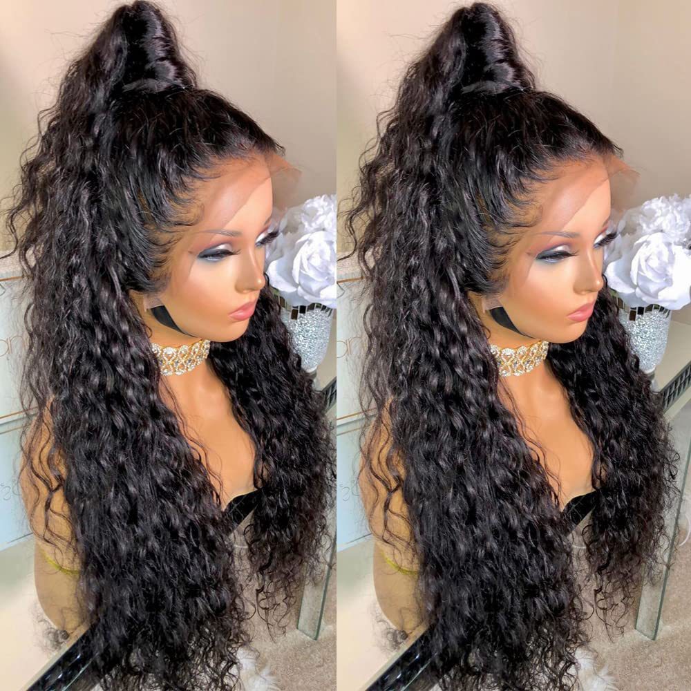 Front Lace Synthetic Curly Wig in black synthetic fiber, with long, voluminous curls and a high ponytail style.