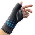 Gel Ice Compress Gloves in black gel-filled fabric with blue dot pattern, open fingers and a wrist-length compression fit
