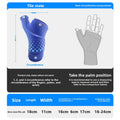Gel Ice Compress Gloves in blue gel-filled fabric with a dotted palm and wrist, shown with hand measurement guidance