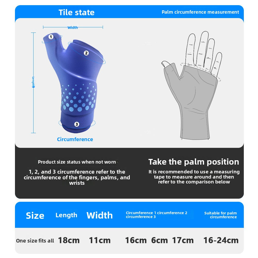 Gel Ice Compress Gloves in blue gel-filled fabric with a dotted palm and wrist, shown with hand measurement guidance