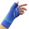 Gel Ice Compress Gloves in bright blue stretch fabric with a dotted pattern, covering the wrist and palm with open fingers