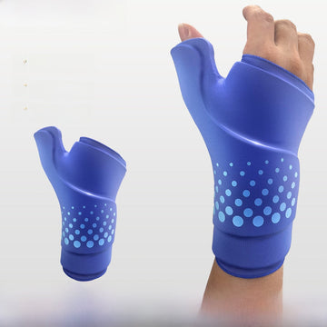Gel Ice Compress Gloves in blue gel-filled fabric, with a fingerless hand cover and light blue dotted wrist panels.