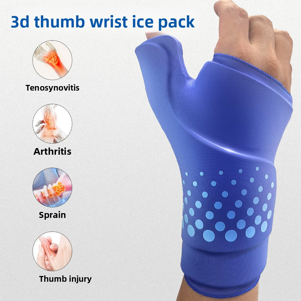 Gel Ice Compress Gloves in blue gel-filled fabric with a thumb opening, wrist coverage, and dotted cuff pattern