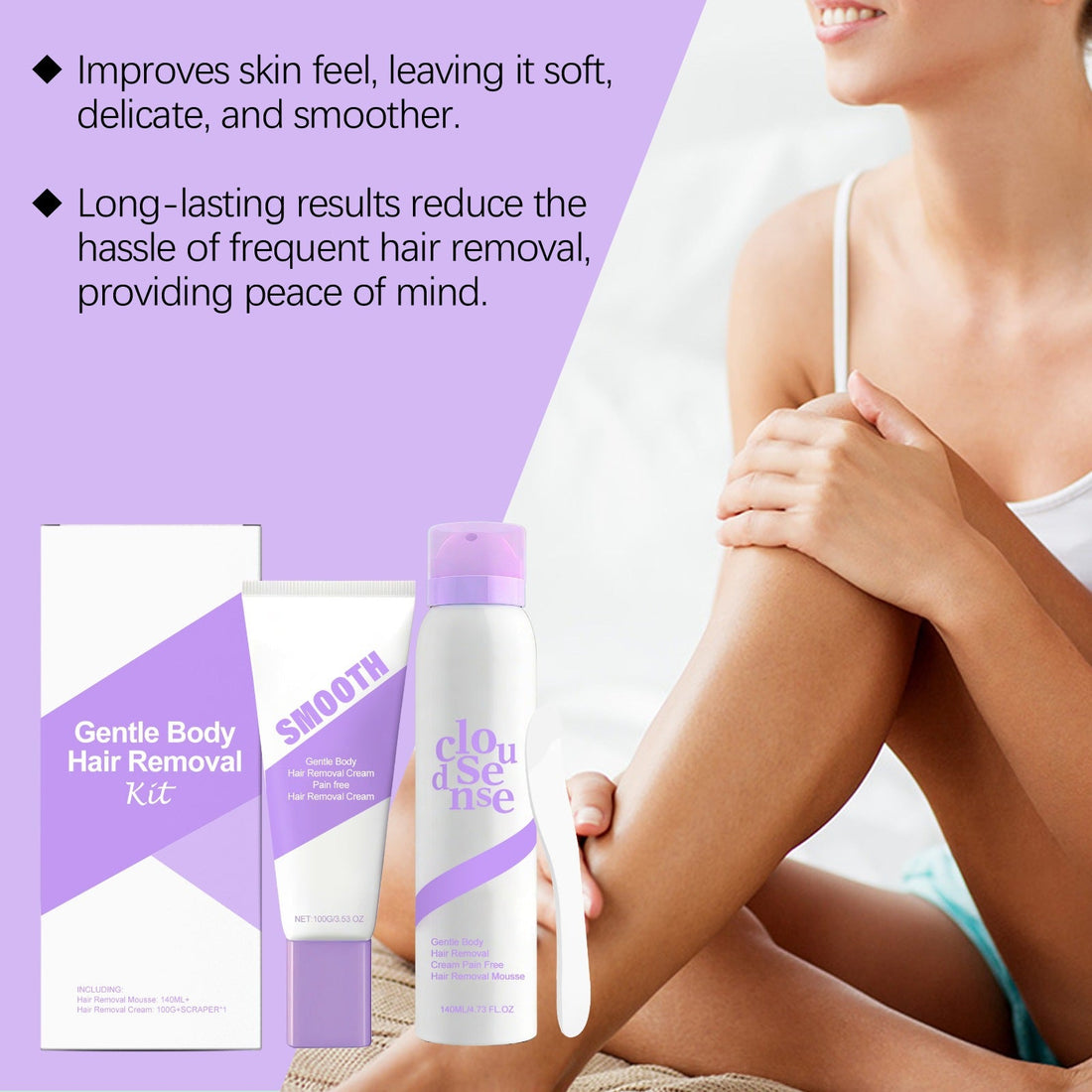 Gentle Hair Removal Cream Kit with white and lavender packaging, featuring cream tube, mousse can, carton, and scraper.