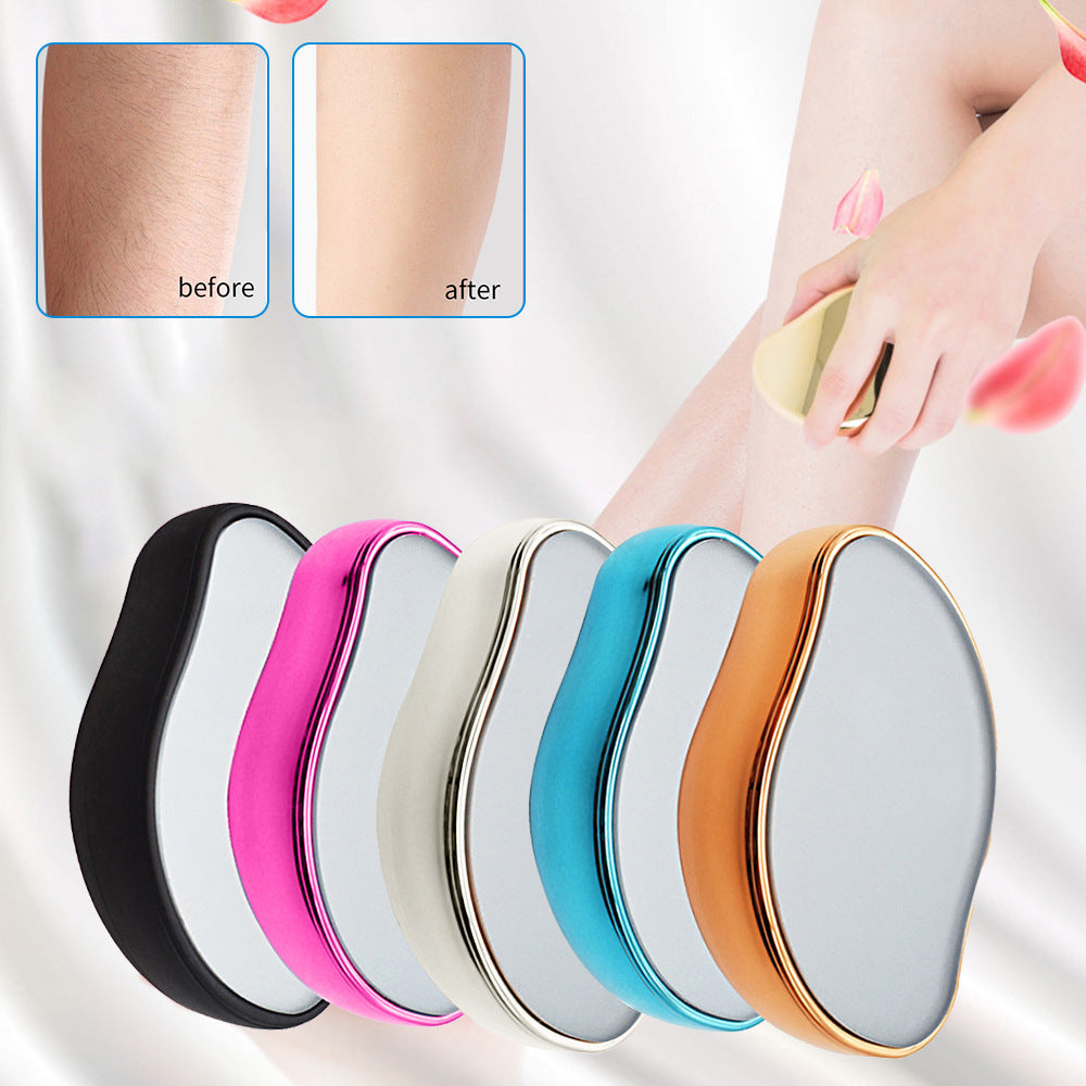 Glass Frosted Exfoliator in black, pink, white, blue, and orange with smooth oval nano-glass surfaces for hair removal and exfoliation